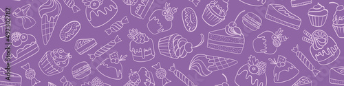 Seamless horizontal border with cakes and sweets. Hand drawn doodle desserts on purple background. Vector illustration.