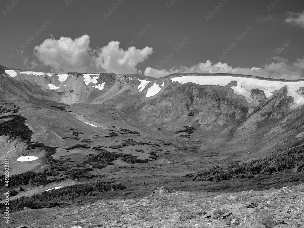 Valley between mountain peaks in the Rocky Mountains in Black and White