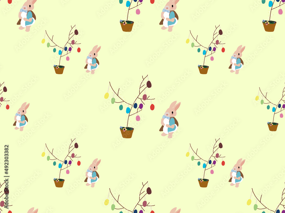 Rabbit cartoon character seamless pattern on green background.Easter day Rabbit cartoon character seamless pattern on green background.Easter day