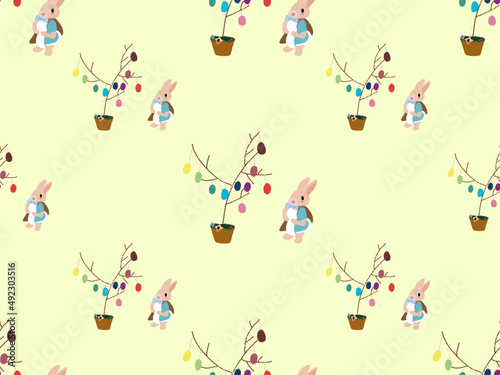 Rabbit cartoon character seamless pattern on green background.Easter day