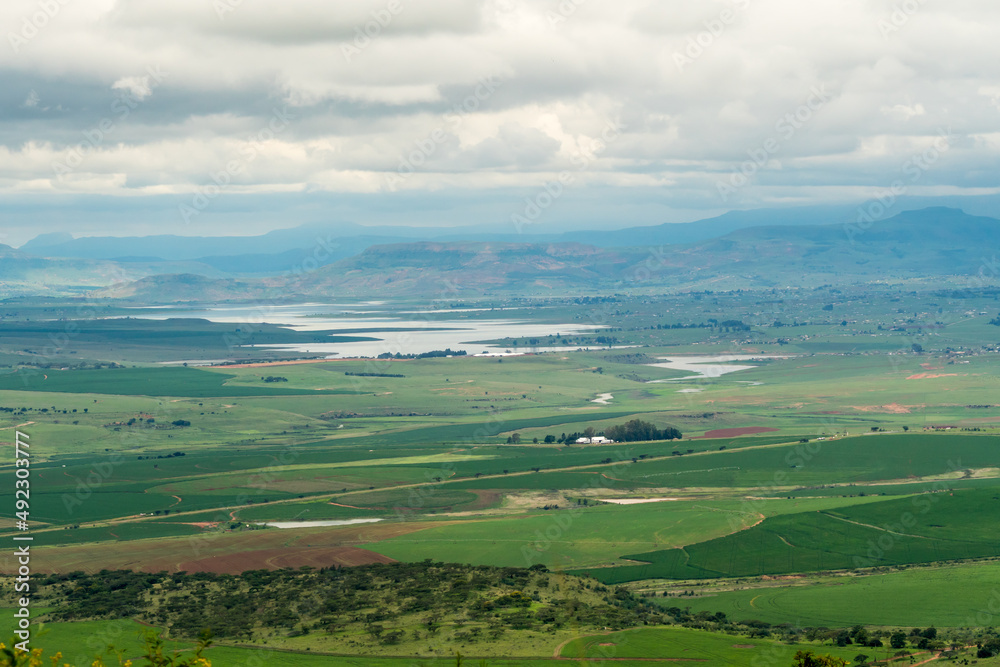 agricultural aerial view over rural Kwazulu Natal landscape in South Africa