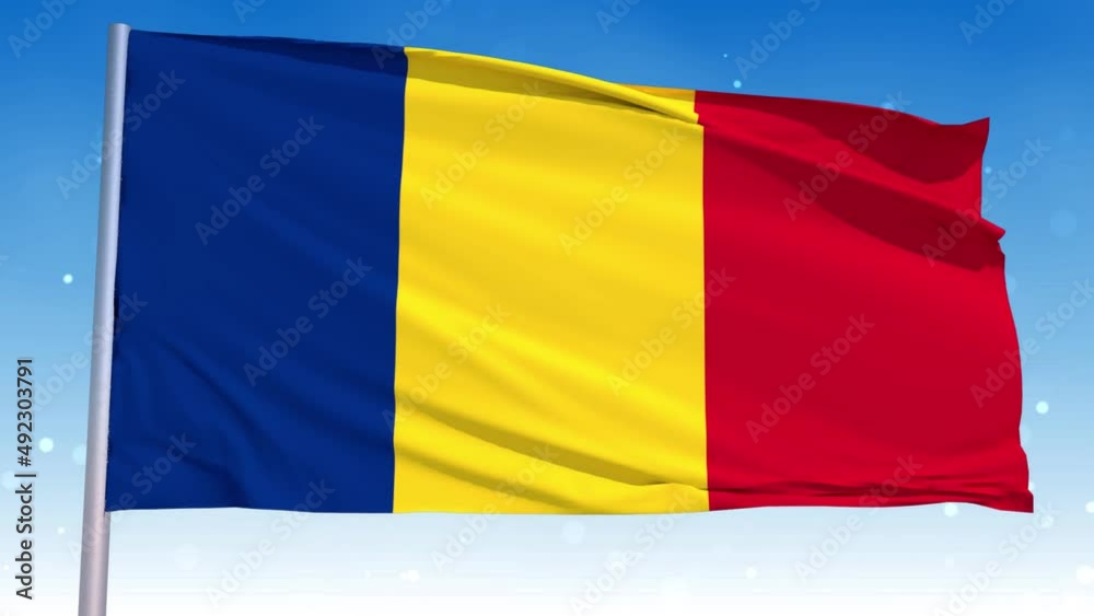 Waving National Flag Of Romania In The Wind With Pole On Cloudy Fog Glitter Dust Flying Blue Sky 3D Rendering Seamless Loop With Alpha Matte Waving National Flag Of Romania In The Wind With Pole On Cloudy Fog Glitter Dust Flying Blue Sky 3D Rendering Seamless Loop With Alpha Matte
