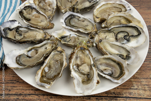 top view of a covered oyster platter on a wooden table