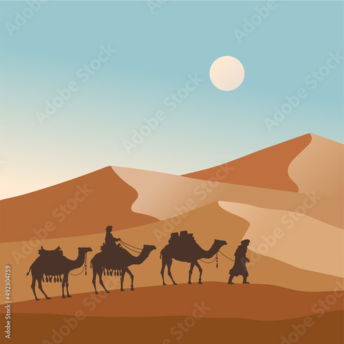Camel caravan going through the desert vector illustration photo