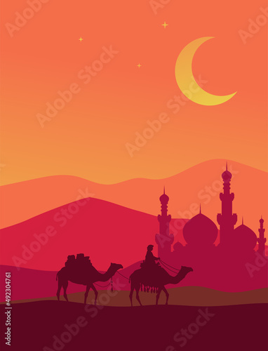 Man riding camel with mosque in the Desert Background