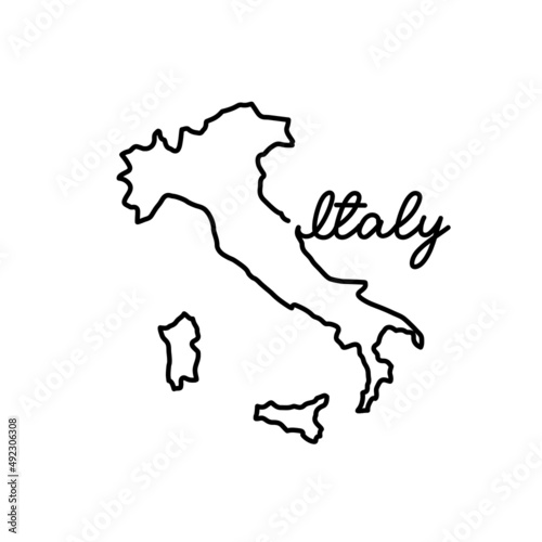 Italy outline map with the handwritten country name. Continuous line drawing of patriotic home sign. A love for a small homeland. T-shirt print idea. Vector illustration.