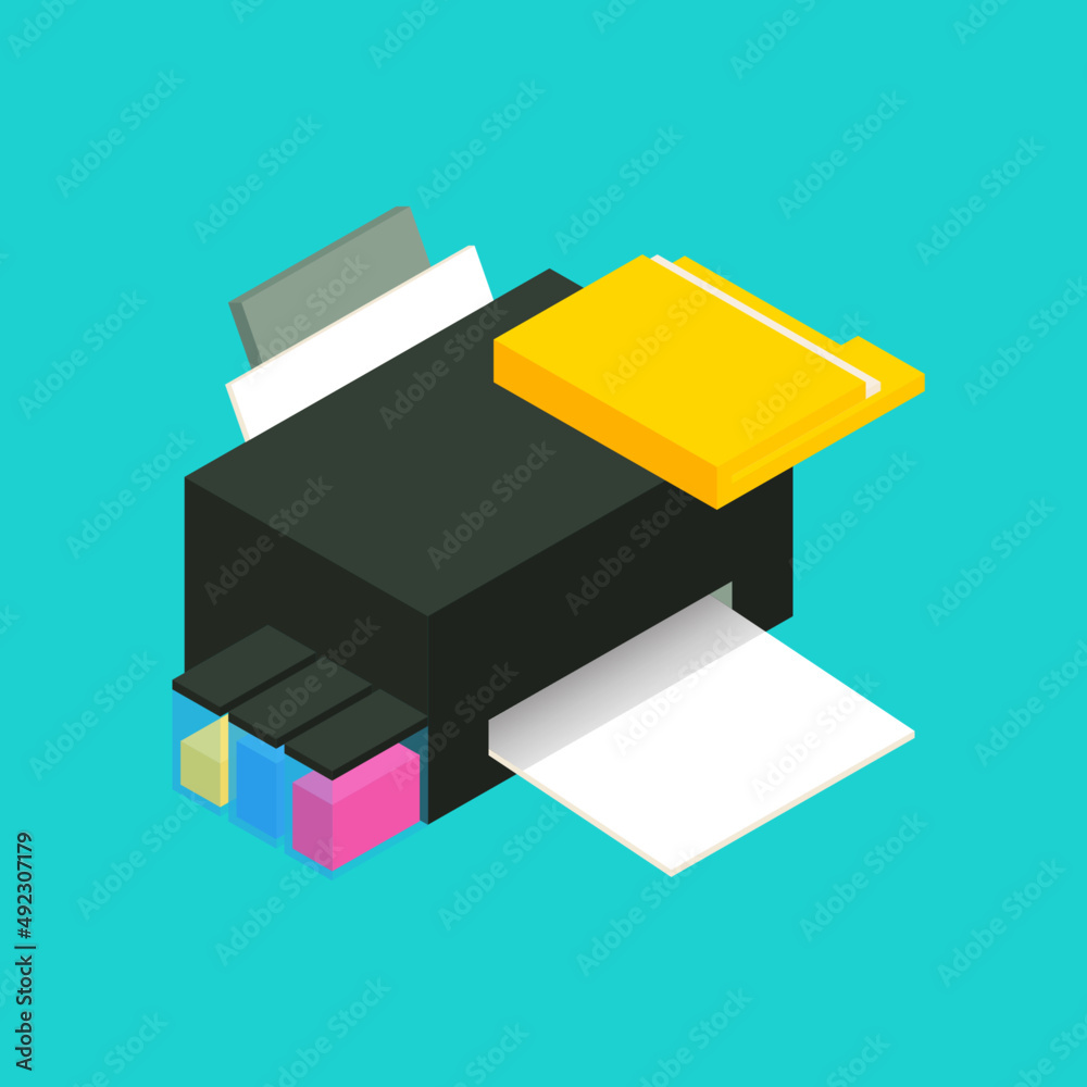 Folders are placed on colored printers isometric 3D vector illustration Folders are placed on colored printers isometric 3D vector illustration