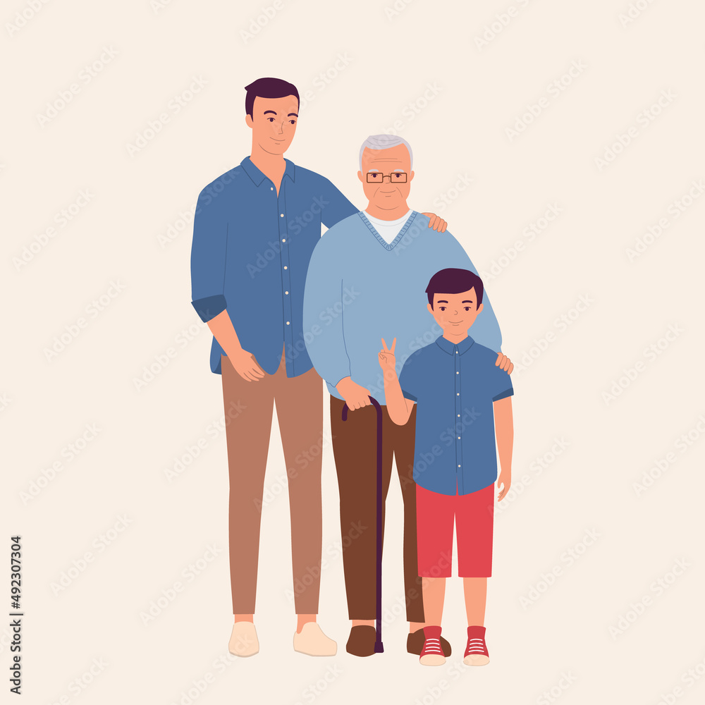 Portrait Of Three Generations Of Men Smiling And Standing Together. Portrait Of Three Generations Of Men Smiling And Standing Together.