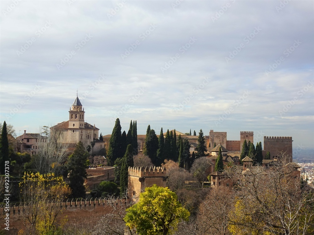 [Spain] Exterior view of Alcazaba and church as seen from Generalife (The Alhambra, Granada)