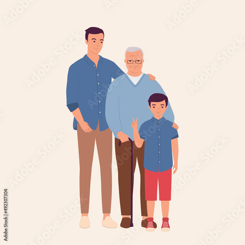 Portrait Of Three Generations Of Men Smiling And Standing Together.