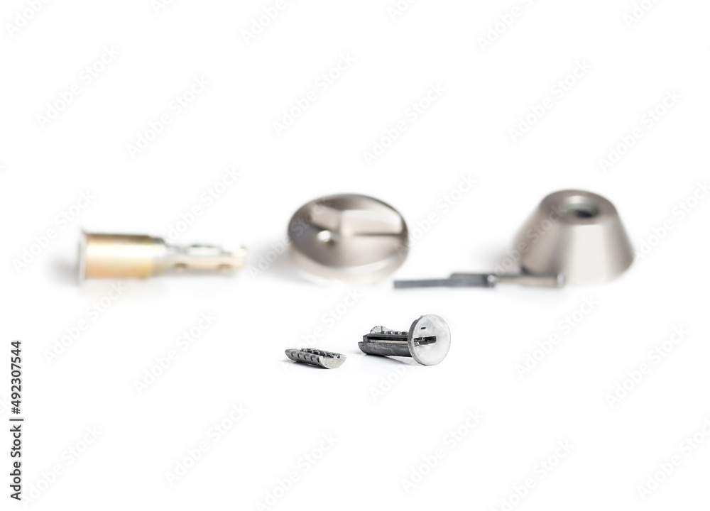 Broken cylinder of single door look with deadbolt with defocused lock