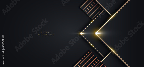 3D modern luxury template design black geometric squares and golden glitter stripes line light sparking on dark background