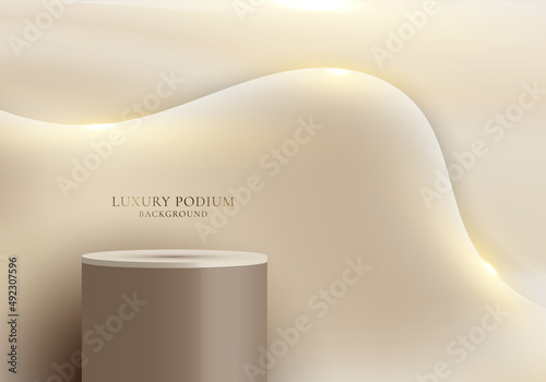 3D realistic luxury brown podium platforms display with golden fluid wave shape