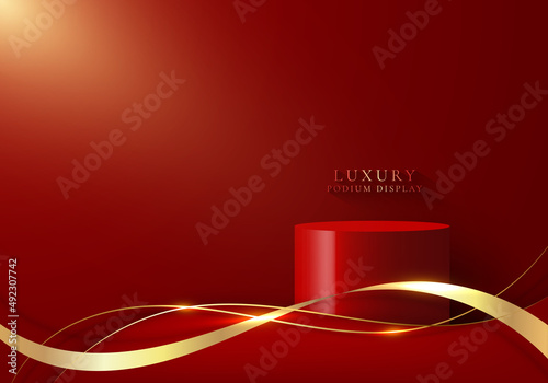 3D realistic luxury red podium platforms display with golden ribbon and wave line on red background