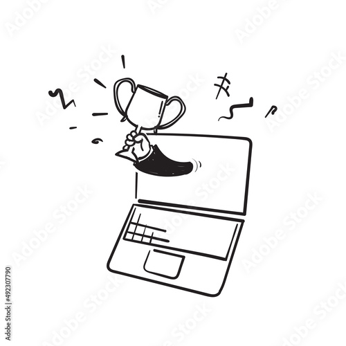 hand drawn doodle digital screen and trophy symbol for online competition win icon