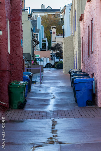 Alley with garbage, recycling and compost waste bins ready for pickup in San Francisco Bay Area, California © Tom Nast