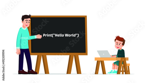 boy being taught by his male teacher a programming language