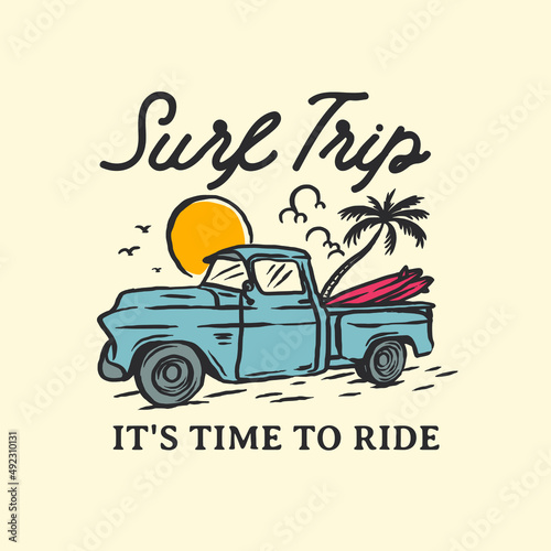 Vintage Hand Drawn Surfing Camp Car Adventures Logo Label