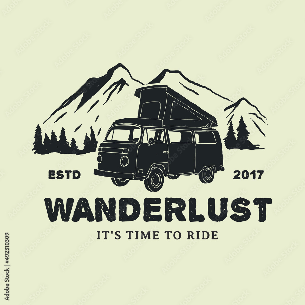 Obraz premium Vintage Hand Drawn Mountain Camper Car Adventures Logo Label