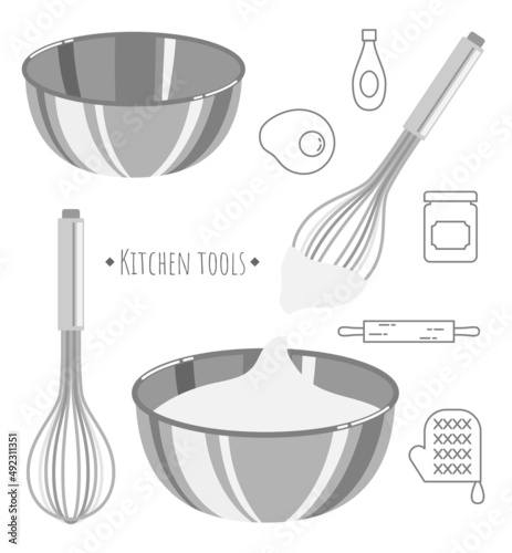 泡立て器とステンレスボウルのベクターイラスト。キッチンに関連するアイコンのセット素材。