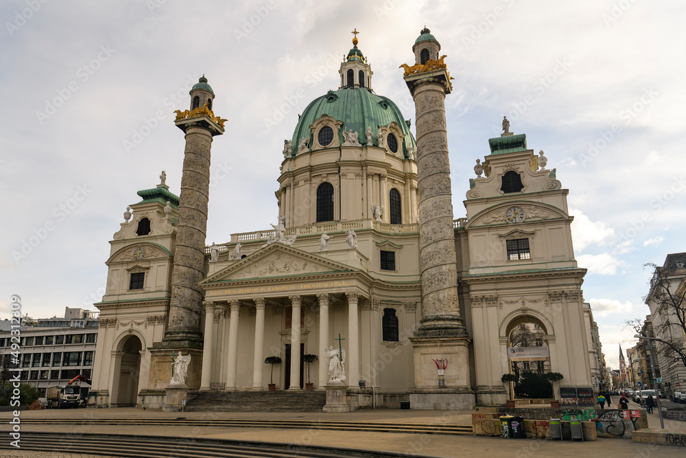 View to famous baroque St. Charles Church or Karlskirche in Vienna, Austria. January 2022
