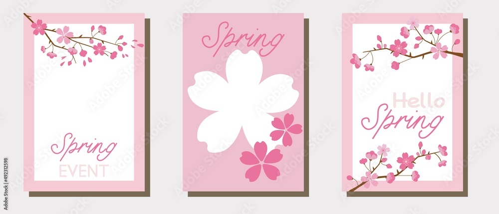 Set of Cherry blossom frames. Spring template collection. Cherry blossom decoration frame for sns, cover, banner and background design. Vector illustration.