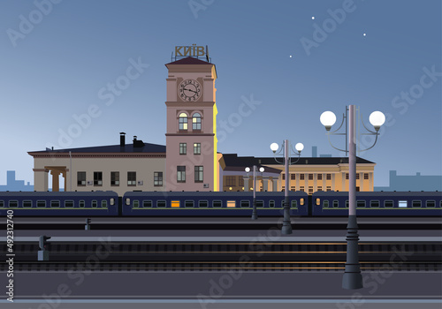 Kyiv, railway station, evening train. Vector.