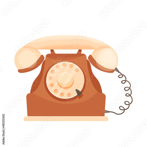 Retro telephone, traditional communicator with disk in comic cartoon style isolated on white background. Old ringer, plastic device.