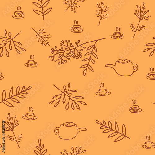teapot, cups and leaves seamless pattern hand drawn doodle. vector, minimalism, monochrome. textiles, wrapping paper, wallpaper. autumn, tea, hot drinks.