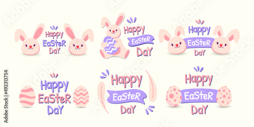 Set Happy Easter Day Sticker With Bunny And Eggs Pattern