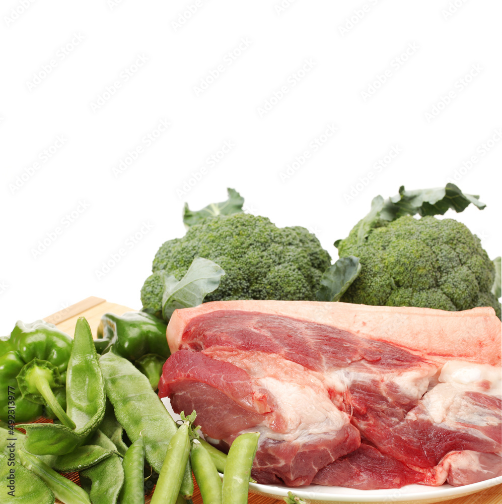 Fresh meat and Vegetables on white background Fresh meat and Vegetables on white background