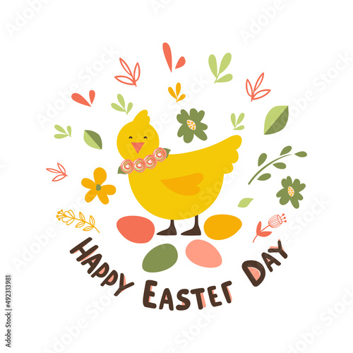 Hen with Easter eggs on the background of flowers and twigs with the inscription happy easter