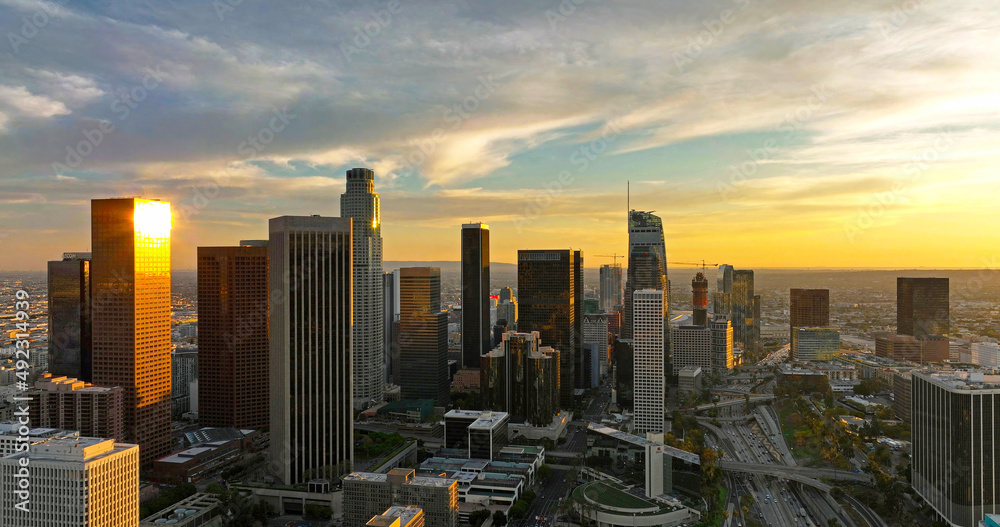 Los angeles aerial view with drone. Los Angeles downtown. California theme with LA background. Los Angels city center.