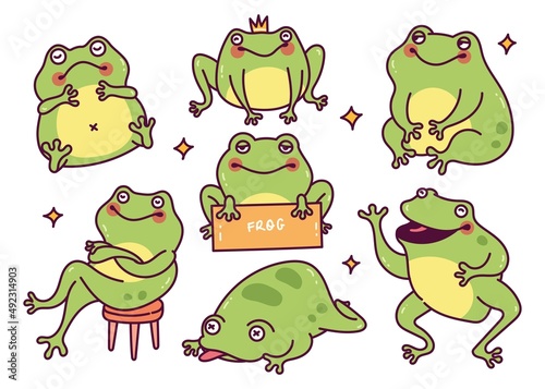 Set of Cartoon Frog in Different Poses Vector Illustration