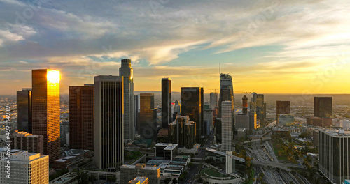 Los angeles aerial view with drone. Los Angeles downtown. California theme with LA background. Los Angels city center.