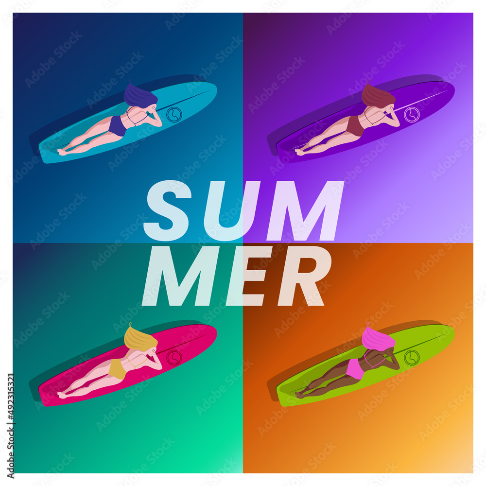 Group of beautiful women in bikinis with a variety of colors on surfboards with a colorful sea in the summer Group of beautiful women in bikinis with a variety of colors on surfboards with a colorful sea in the summer