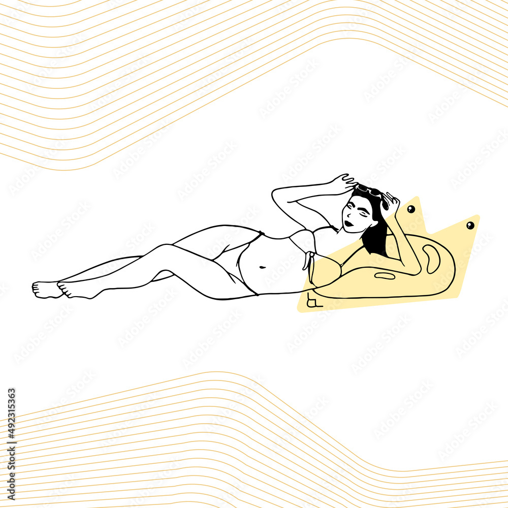 Linear illustration of a Beautiful Woman in a bikini sunbathing with sunglasses lying on a cartoon yellow life buoy Linear illustration of a Beautiful Woman in a bikini sunbathing with sunglasses lying on a cartoon yellow life buoy