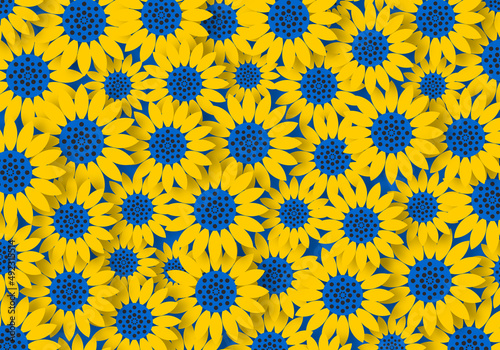 Paper cut style sunflowers in the symbolic colors of the flag of Ukraine blue and yellow. Farming field horizontal poster.