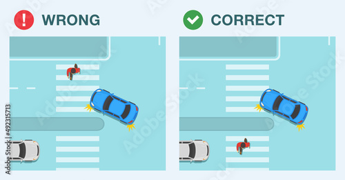 Safety car driving and traffic regulation rules. Wrong and correct turn position on multi-lane roads. Left turn when there is a pedestrian on crosswalk. Flat vector illustration template.