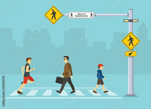 Pedestrian safety. Traffic regulation rules and tips. Pedestrian crossing sign. Group of people crossing the road on crosswalk. Flat vector illustration template.