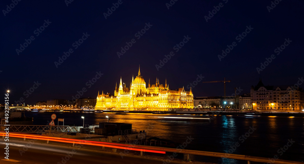 Beautiful of the Panorama view in night scene with building of Hungarian parliament at Danube river in Budapest city, Hungary.