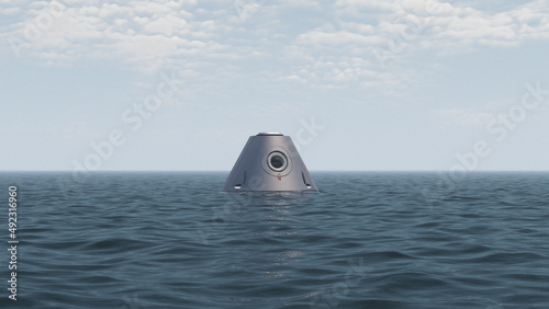 space capsule land in water (3d illustration) photo