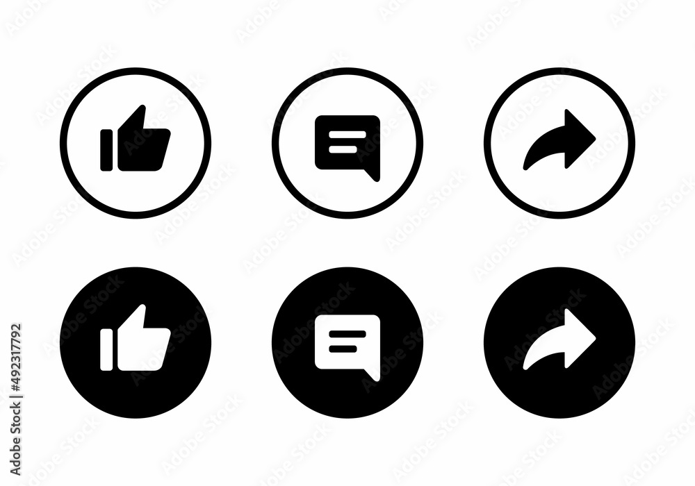 Like, Comment, and Share Button Icon Vector Isolated on White Background Like, Comment, and Share Button Icon Vector Isolated on White Background