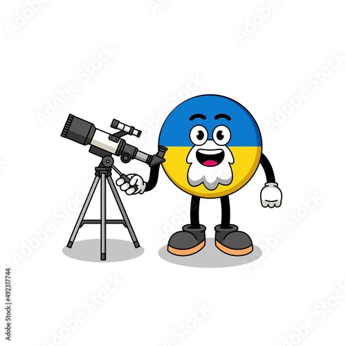 Illustration of ukraine flag mascot as an astronomer