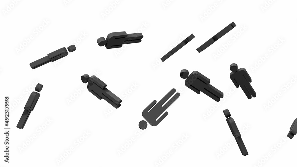 Black human shaped objects on white background.
3D illustration for background.