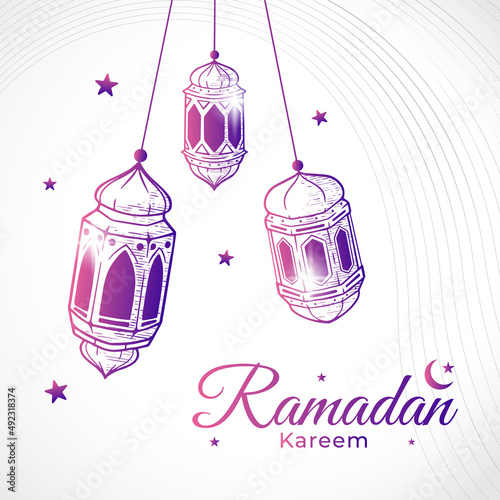 Hand Drawn sketch of islamic lamps. Background for Ramadan Kareem, Eid al Fitr and Eid Al Adha Celebrating. Vector Illustration