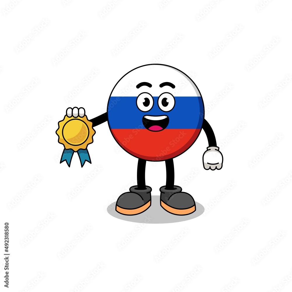 russia flag cartoon illustration with satisfaction guaranteed medal