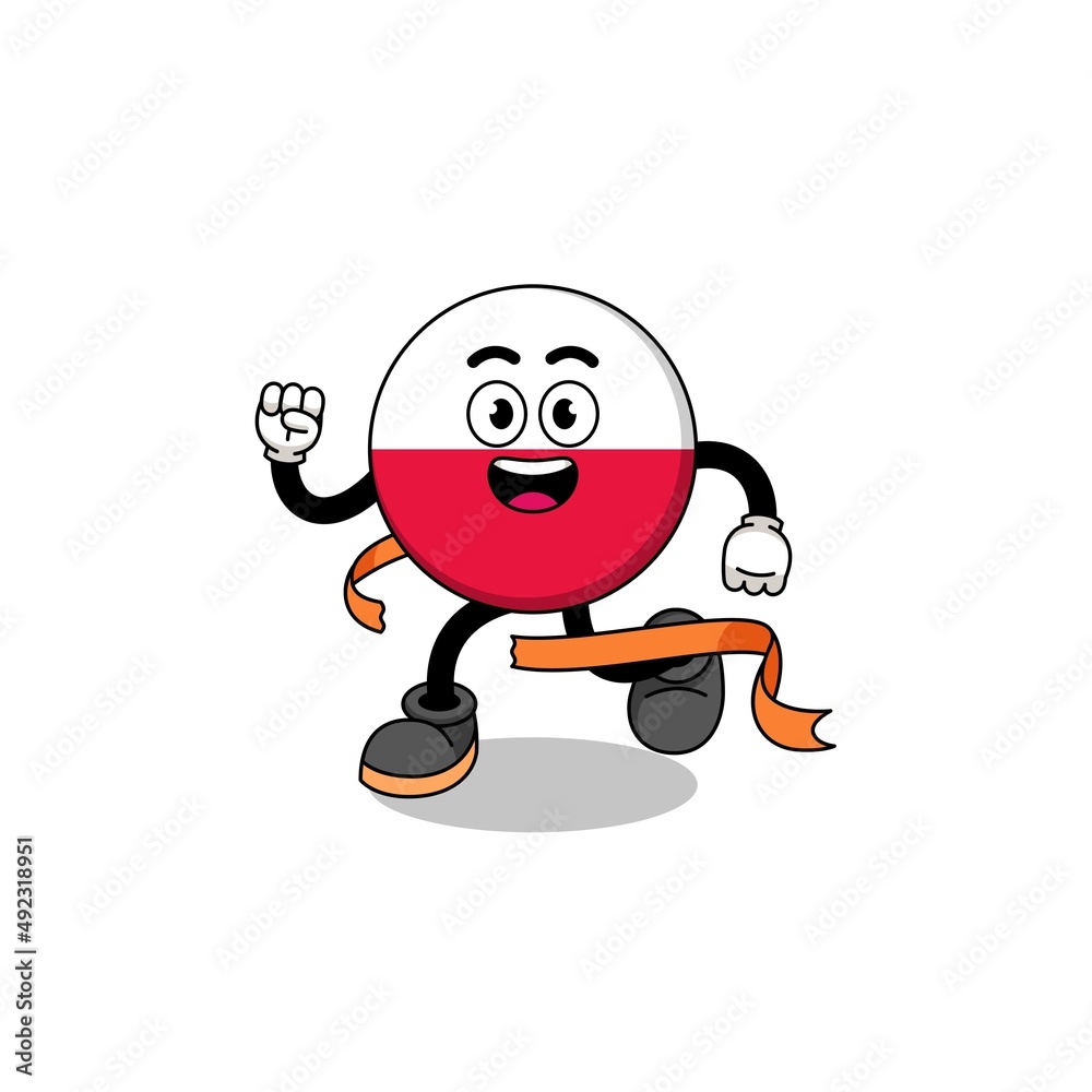Mascot cartoon of poland flag running on finish line