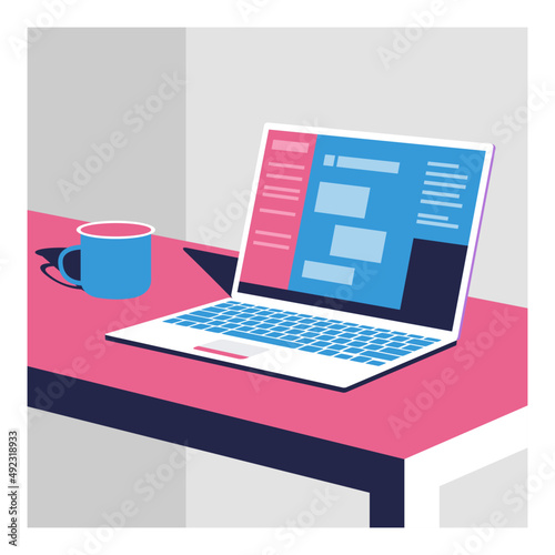 Laptop with coffe Flat design  illustration vector 