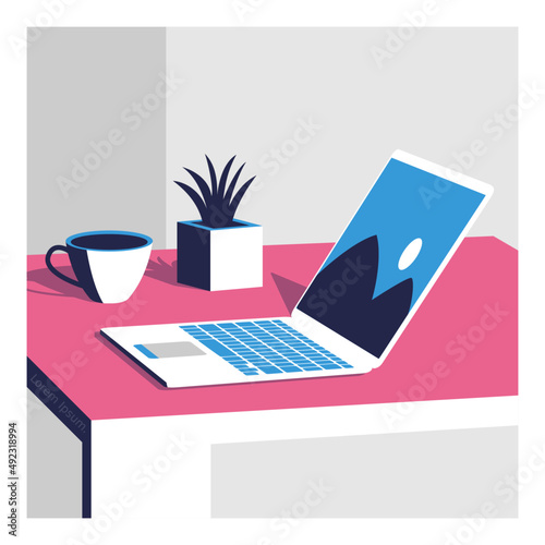 Laptop with coffe Flat design  illustration vector 